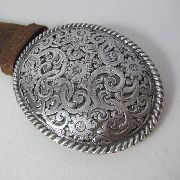 New Tony Lama Women 32 Brown Pierced Leather Filigree Belt Silvertone Buckle - Picture 12 of 12